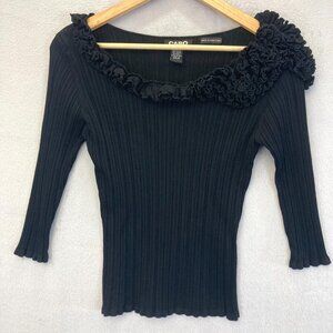 Vintage Y2K CABO Nylon Ribbed Sweater Small Floral Ruffle Black 3/4 Sleeve Top